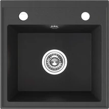 Laveo RINA egymedencés szemcsés fekete mosogató csaplyukkal, automata dugókiemelős, helytakarékos szifonnal Laveo RINA egymedencés szemcsés fekete mosogató csaplyukkal, automata dugókiemelős, helytakarékos szifonnal