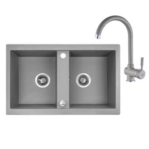 Laveo BARBADOS szürke kétmedencés szett álló csappal, dugókiemelős helytakarékos szifonnal