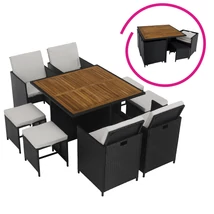 Kerti rattan szett, akácfa, fekete/krémszínű/természetes, MELFORD