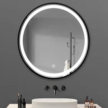 TMP IRON fürdőszobai tükör - FEKETE keret - kerek - LED világítással - 70 cm