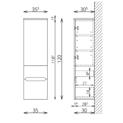LUNA/SLIM F120 1 ajtó 2 fiók FALI kiegészítő Fürdőszobaszekrény TBOSS