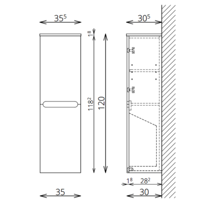 LUNA/SLIM F120 1 ajtó 1 szennyestartó FALI kiegészítő Fürdőszobaszekrény TBOSS
