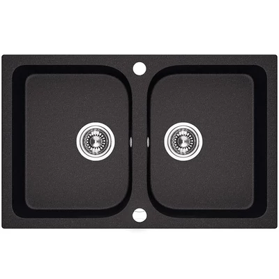 Laveo CELIA matt fekete kétmedencés mosogató dugókiemelős helytakarékos szifonnal