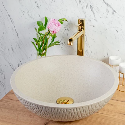 LAVEO AMBER kerek gránit mosdó túlfolyó nélkül, bézs