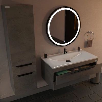 TMP IRON fürdőszobai tükör - FEKETE keret - kerek - LED világítással - 90 cm