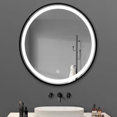 TMP IRON fürdőszobai tükör - FEKETE keret - kerek - LED világítással - 90 cm